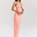 Pink Deep Neck Halter Bodycon Midi Dress