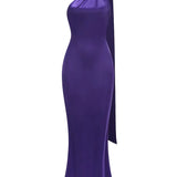 Purple Satin Halter Neck 3D Flower Scarf Maxi Dress