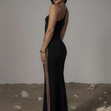 Black Mesh Patchwork One Shoulder Maxi Dress