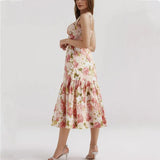 Floral Bra with Wire Corset Ruffles Midi Dress