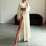 Linen Flare Sleeve Top & Slit Skirt Set