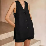 Cotton V Neck Buttons Solid Vest and Shorts Suits