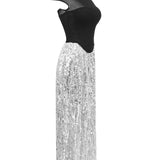 Black Fishbone Top Sequin Mesh Long Skirt Set