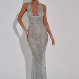 Open Back Sequins Sparkling Halter Maxi Dress