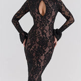 V-Neck Hollow Out Long Sleeve Black Lace Maxi Dress