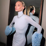 Ruffle Pleated Sleeve Blue Long Dress for Women