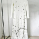 White Beads Diamond Long Sleeve Maxi Dress