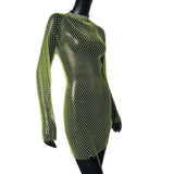 Bling Rhinestones Fishnet Mini Dress Women Sexy Long Sleeve Crystal Dress