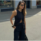 Solid Sleeveless Vest High Waist Straight Pant Suit