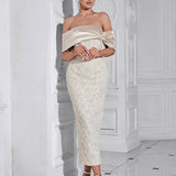 Slash Neck Embossed Flower Beige Dress