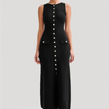 Knit Maxi Dress with Pockets Button-Front