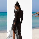 Sexy V neck Perspective Ruffle Drawstring Tight Maxi Dresses