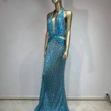 Halter Blue Sequins Sparkly Glitter Maxi Dress