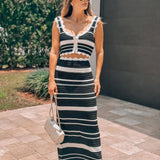 Striped Contrast Knitted Top and Long Skirt Set