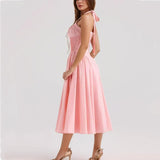 Corset Style Bow Halter Spliced Lace Midi Dress