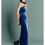 Blue Velvet Halter Sleeveless Maxi Dress