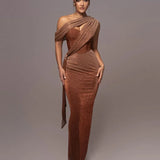 One Shoulder Draped Glitter Brown Maxi Dress