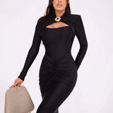 Long Sleeved Pleated Hollowed Out Maxi Dress
