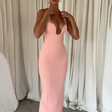 Pink Deep Neck Halter Bodycon Midi Dress
