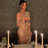 Mesh Sequin 3D Flower Long Sleeve Bodycon Maxi Dress