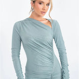 Long Sleeve Ruched Maxi Dress with Thigh-High Split