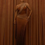 One Shoulder Draped Glitter Brown Maxi Dress
