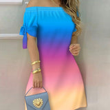 Women Off Shoulder Summer Mini Dress Short Sleeve Bow Tie Striped Plaid Floral Vestidos