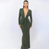 Elastic Deep V-Fold Lace Maxi Dress