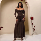 3D Flower-appliqué Mesh Long Sleeve Fishtail Maxi Dress