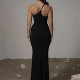 Black Mesh Patchwork One Shoulder Maxi Dress