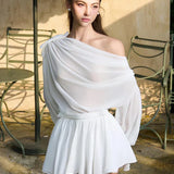 Skew Collar Lantern Sleeve Bowknot Mini Skirt Suit