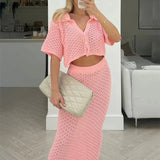 Knit Hollow Out Top and Long Skirt Suit