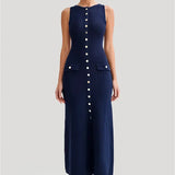 Knit Maxi Dress with Pockets Button-Front
