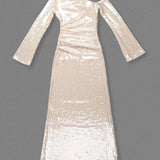 Mesh Sequin 3D Flower Long Sleeve Bodycon Maxi Dress