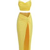 Swinging Collar Crop Tops Long Slit Skirts Suits