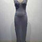 Glitter Sheer Halter Women Maxi Dress Gray Backless