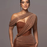 One Shoulder Draped Glitter Brown Maxi Dress