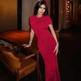 Solid Short Sleeve Ruched Maxi Dress
