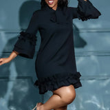 Women Solid Pleated Ruffles Hem High Neck Mini Dress