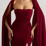 Elegant Cape Sleeve Maxi Dress with High Split