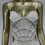 Women V Neck White Pearl Beading Maxi Dress