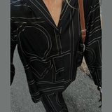 Long Sleeved Silk Geometric Shirt High Waist Pant Set