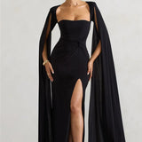 Elegant Cape Sleeve Maxi Dress with High Split