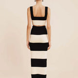 Striped Knitted Crop Top and Midi Skirt Suit