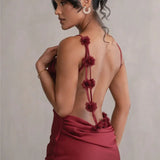 3D Flower Draped Open Back Maxi Dress