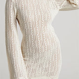 Knitted Long Sleeve Backless Tie-up Solid Mini Dress