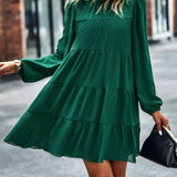 Round Neck Lantern Sleeve Ruffles Lace Up Dress