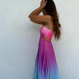 Satin Gradient Pleated Sleeveless Maxi Dress