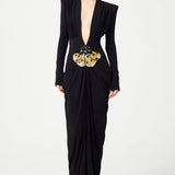 Deep V Neck Long Sleeves Black Maxi Dress  Party Gown