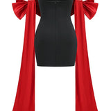 Black Tube Mini Dress With Large Red Bow Detachable Sleeves